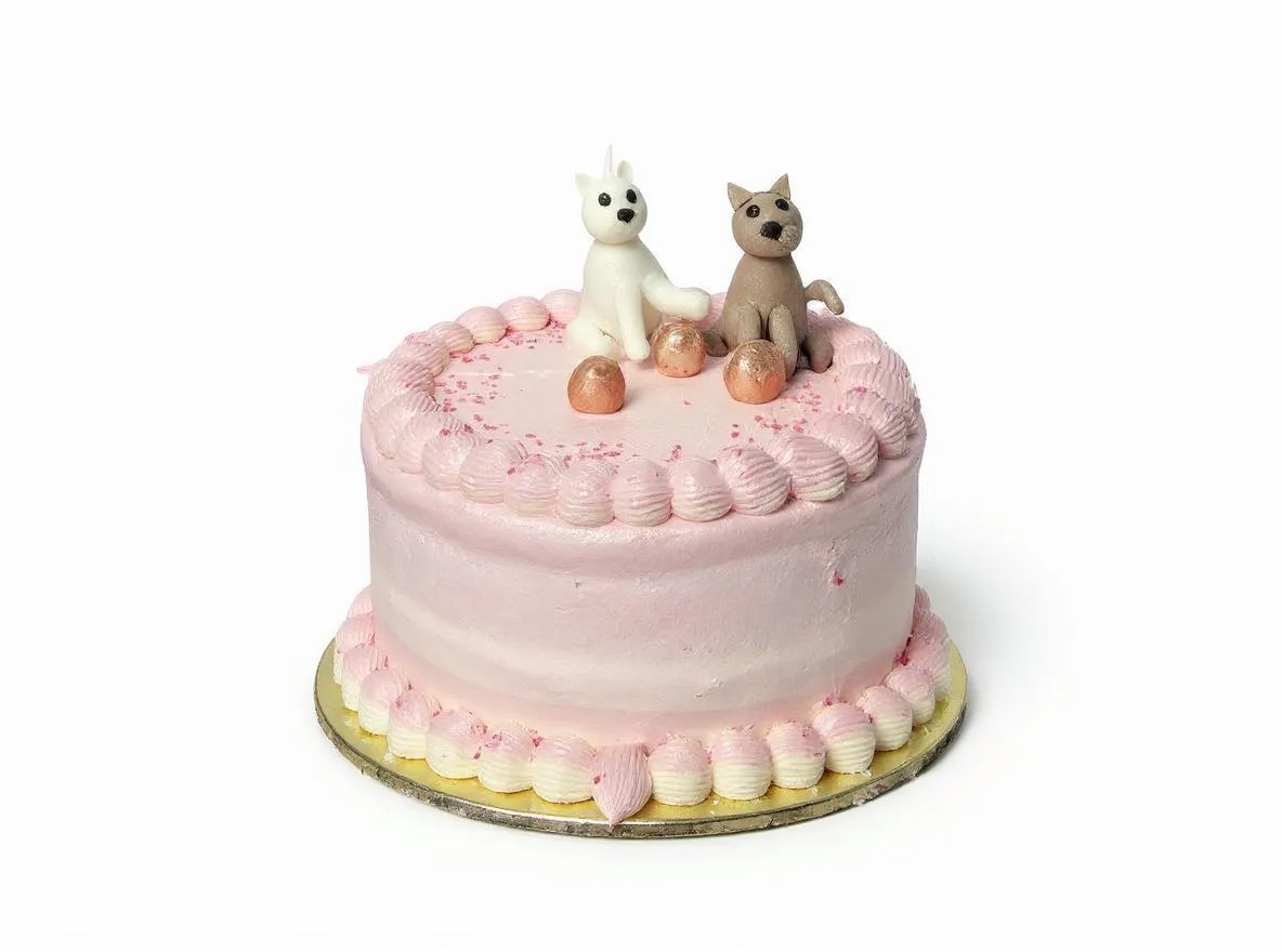 Pink celebration cake with cat and dog figurines