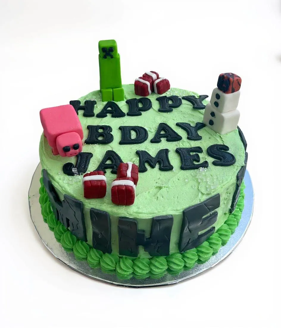Happy Birthday James Minecraft themed green cake