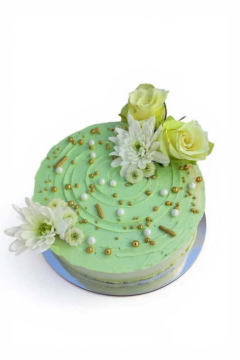 Beautiful green cake with fresh yellow roses and white flowers