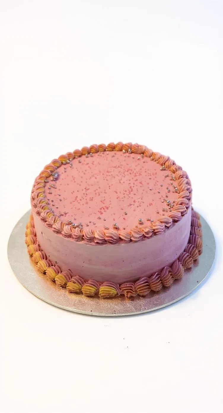 Pink ombre cake with gradient buttercream rosettes and pearl sprinkles