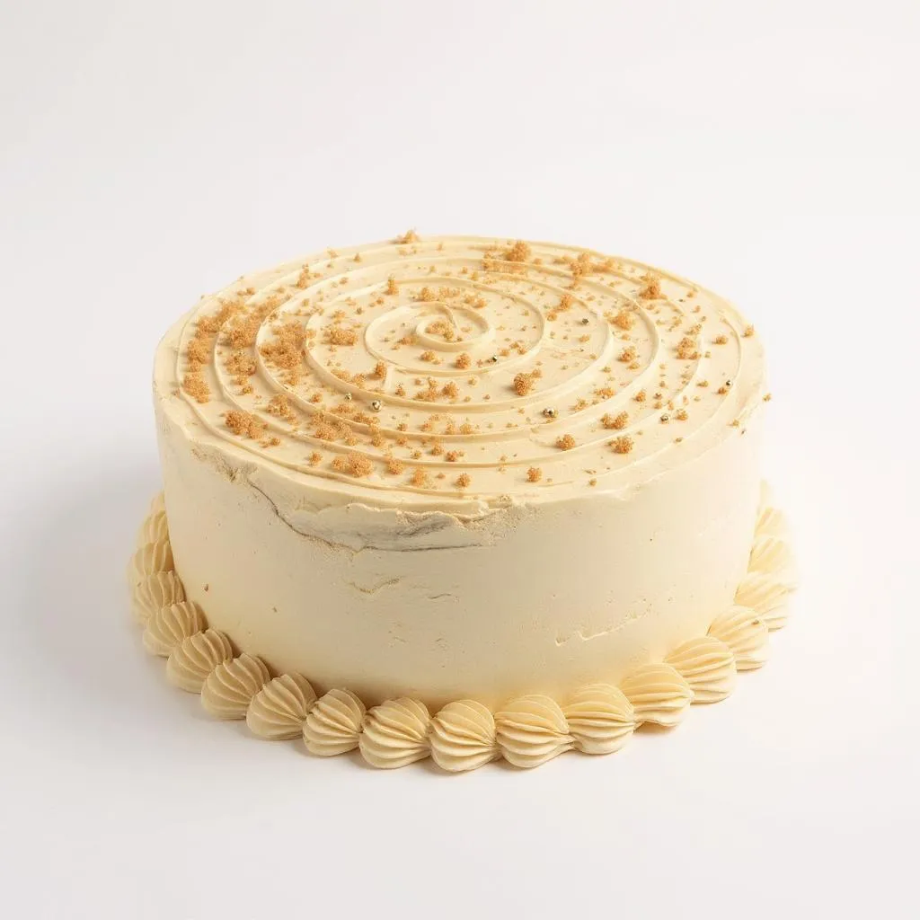 Classic vanilla cake with golden swirl decoration and buttercream piping