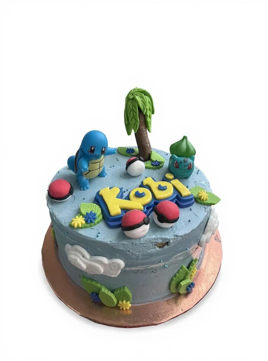 Pokemon themed cake with Squirtle, Bulbasaur and Pokeballs