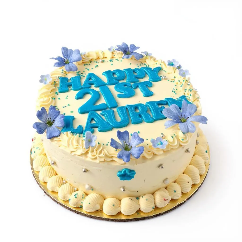 Happy 21st Laura cake with blue flowers and vanilla buttercream