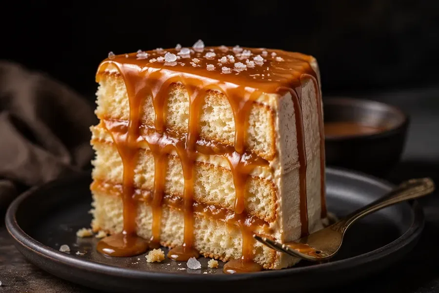 Slice of salted caramel drip cake