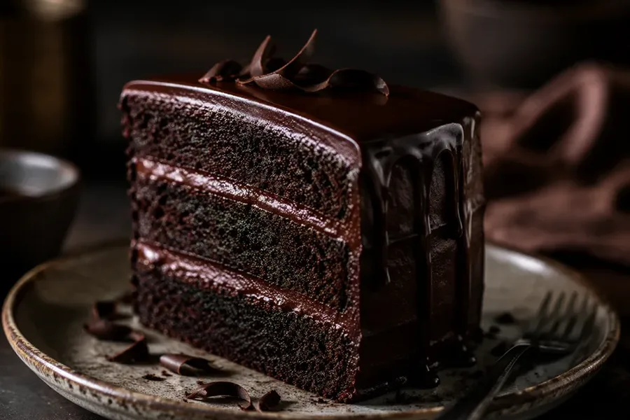 Slice of rich chocolate layer cake with ganache