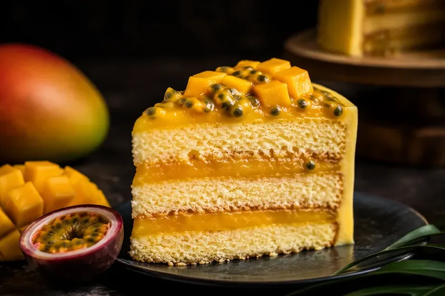 Slice of passionfruit mango cake
