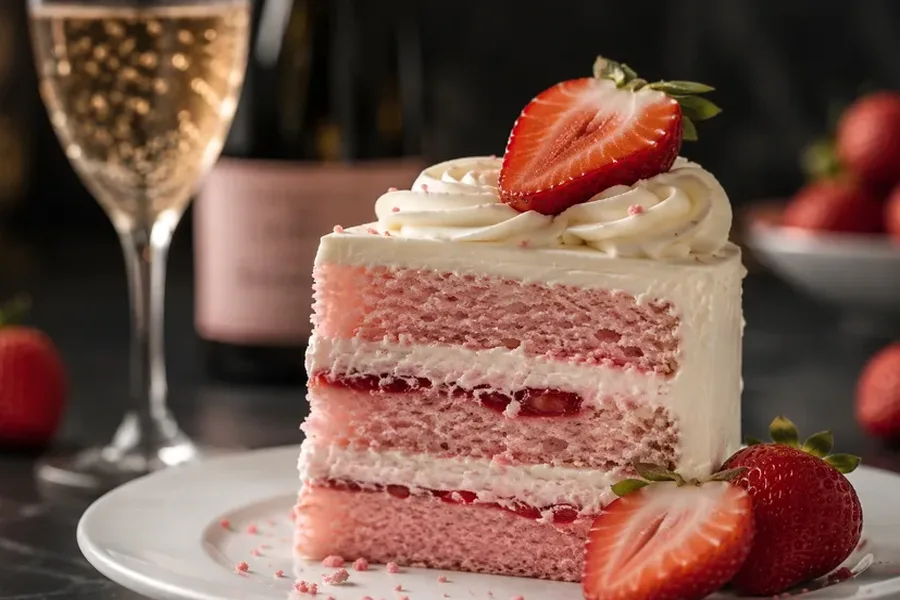 Slice of pink strawberry champagne cake