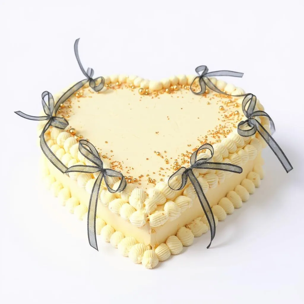 Elegant heart-shaped cake with cream buttercream and silver ribbon bows