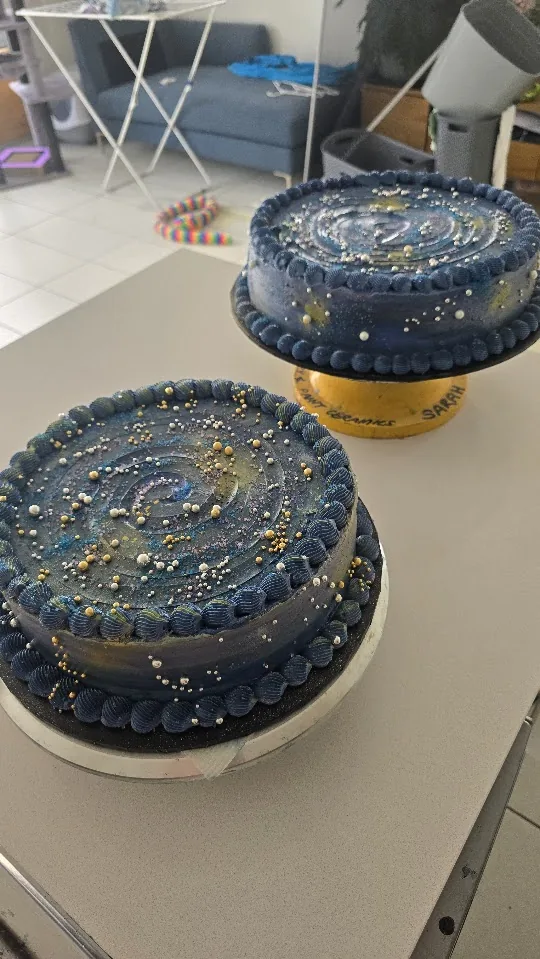 Kuromi themed cake with deep blue buttercream and gold pearls
